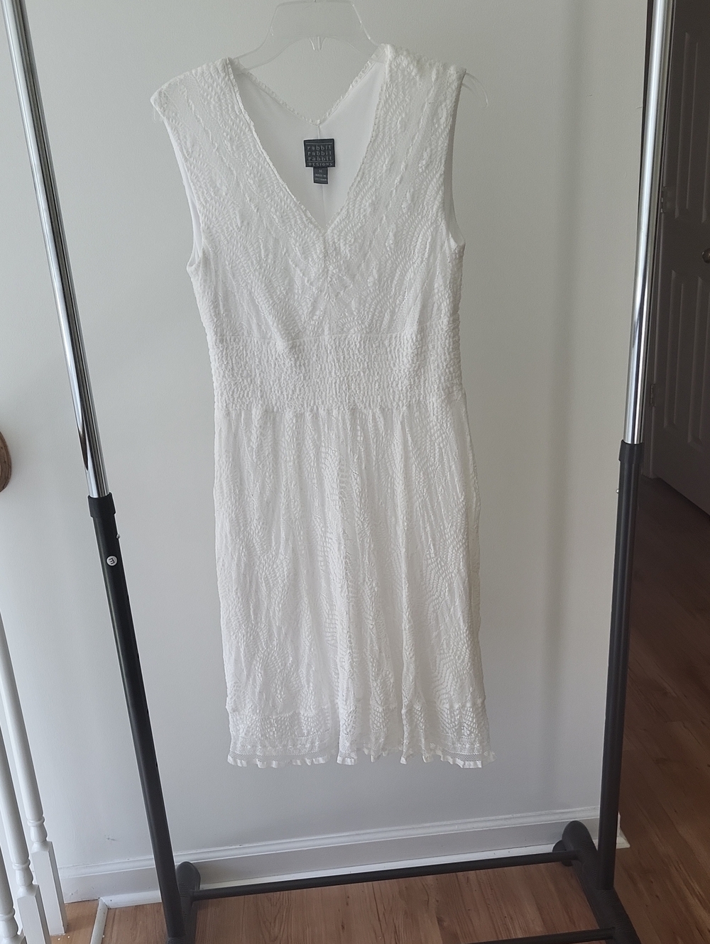 White Textured V-Neck Sleeveless Dress. Rabbit Designs.